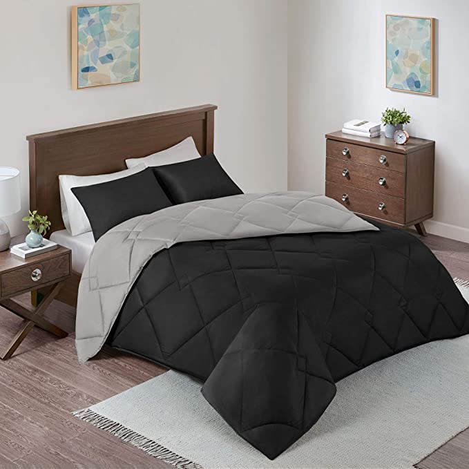 Comfort Spaces Vixie Microfiber 3-Piece Reversible Black/Gray Down Alternative Comforter Set, Full/Queen