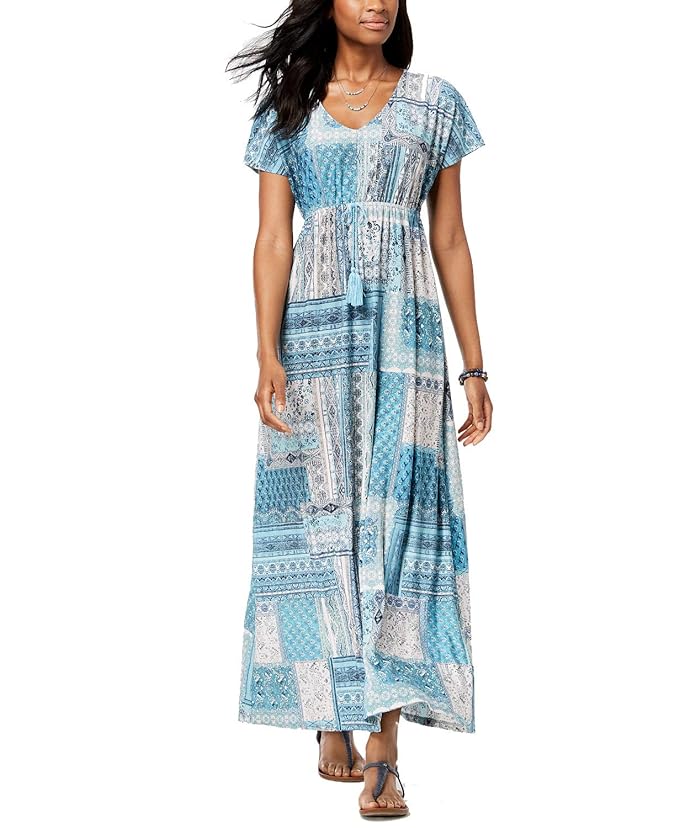 Moroccan patch drawstring V-neck Maxi Dress