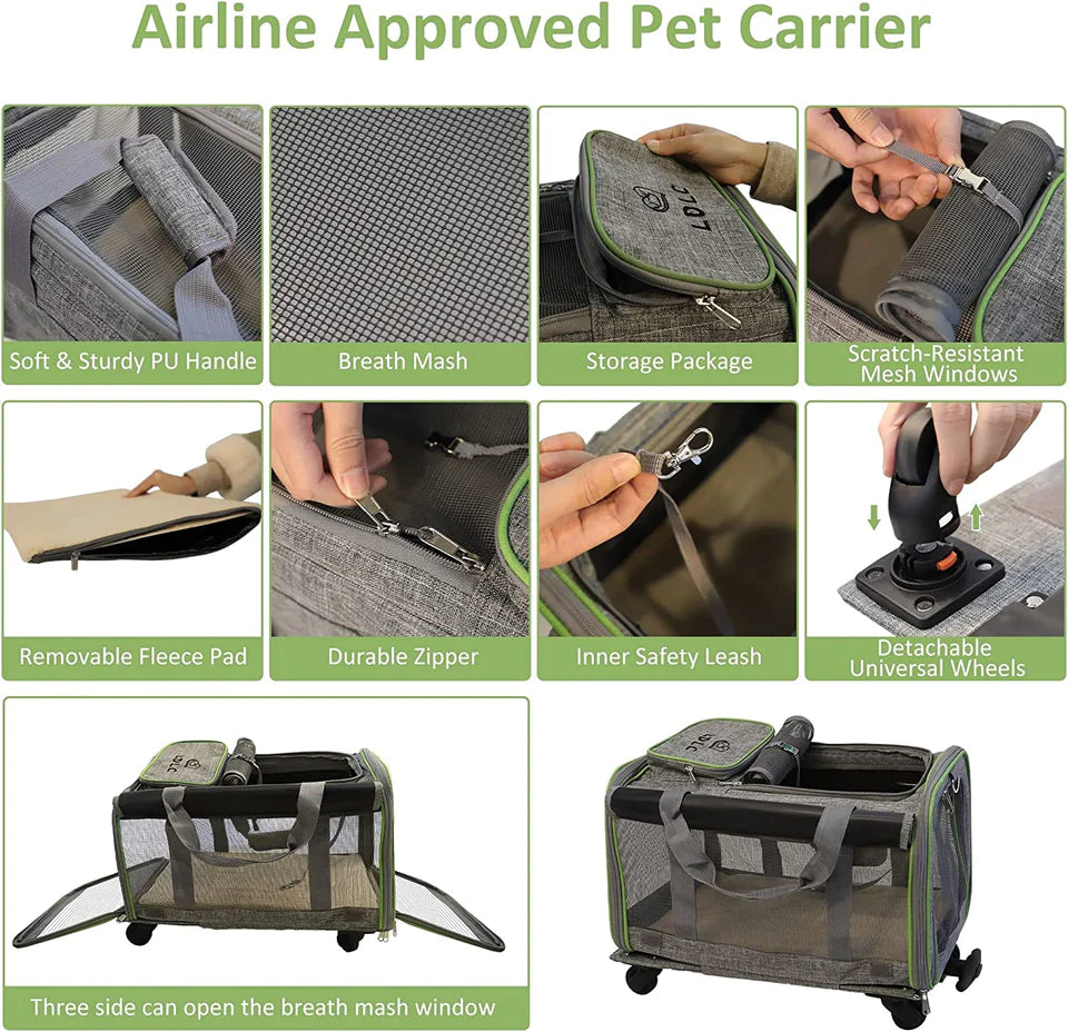 Pet Carrier Airline Approved ,Cat Carrier with Wheels,Easy to Fold